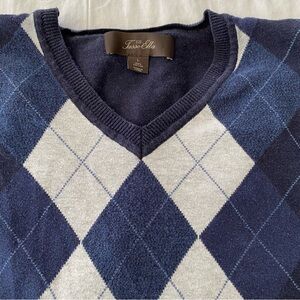Tasso Elba sweater Mens L Cotton Blue gray argyle diamond V Neck pullover Preppy